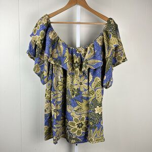 City Chic Ruffle Blouse‎ Womens 3XL Blue Green Floral Off Shoulder Top Resort